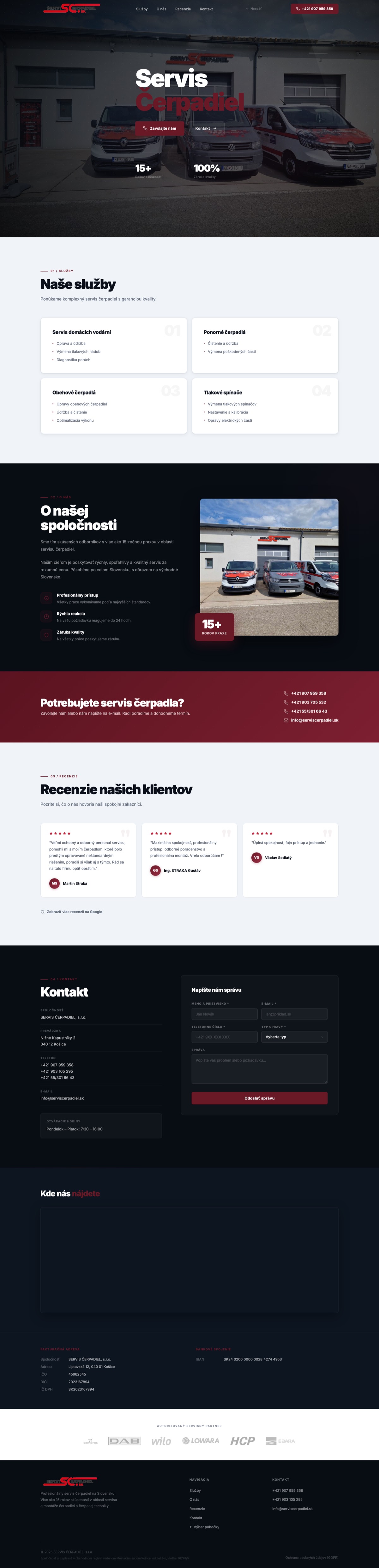 Celá stránka webu Servis čerpadiel: úvod, služby, o nás, recenzie a kontakt
